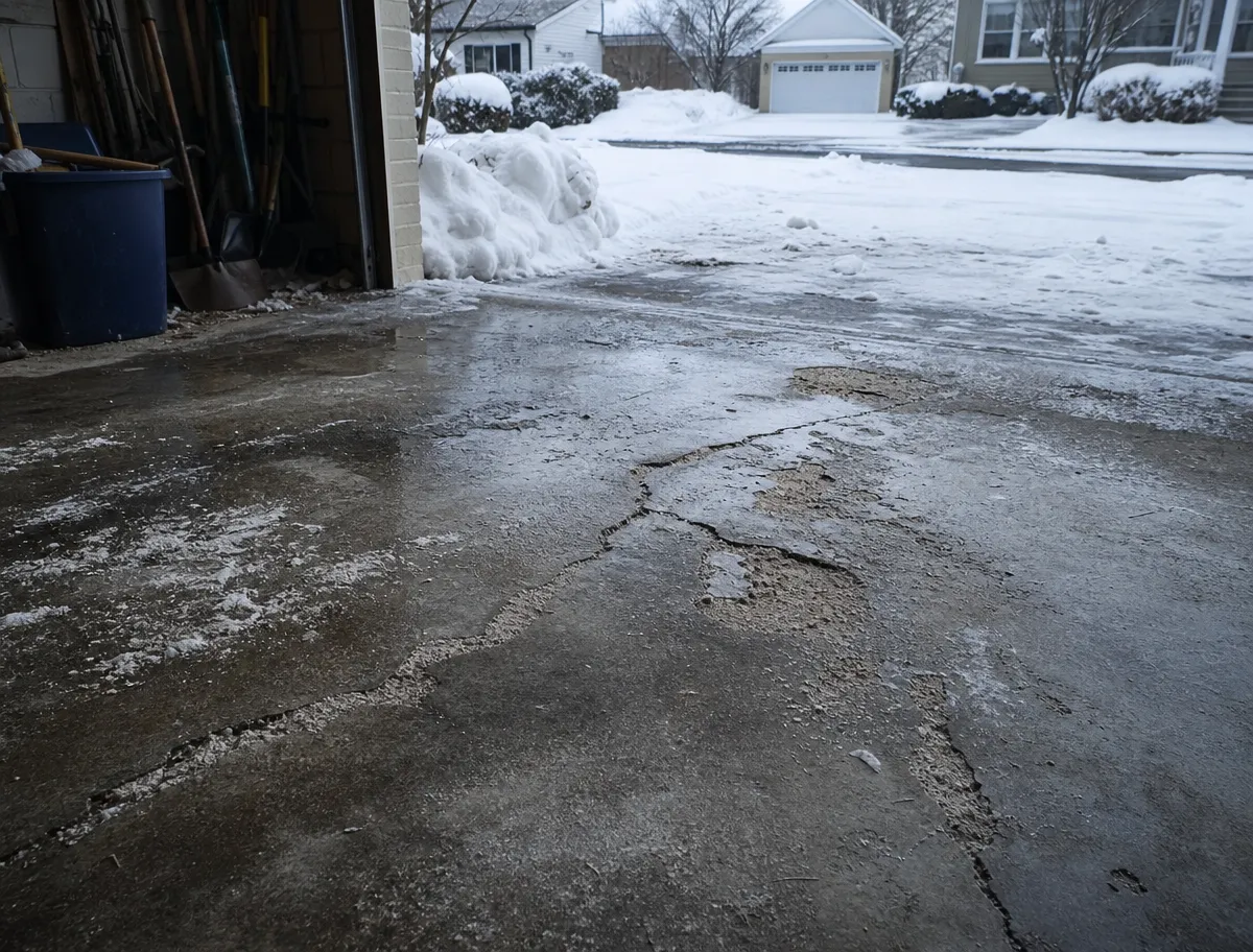 Cracked garage floor with patches of ice, leading out to a snowy driveway and street lined with houses in winter. Garage tools are visible on the left.