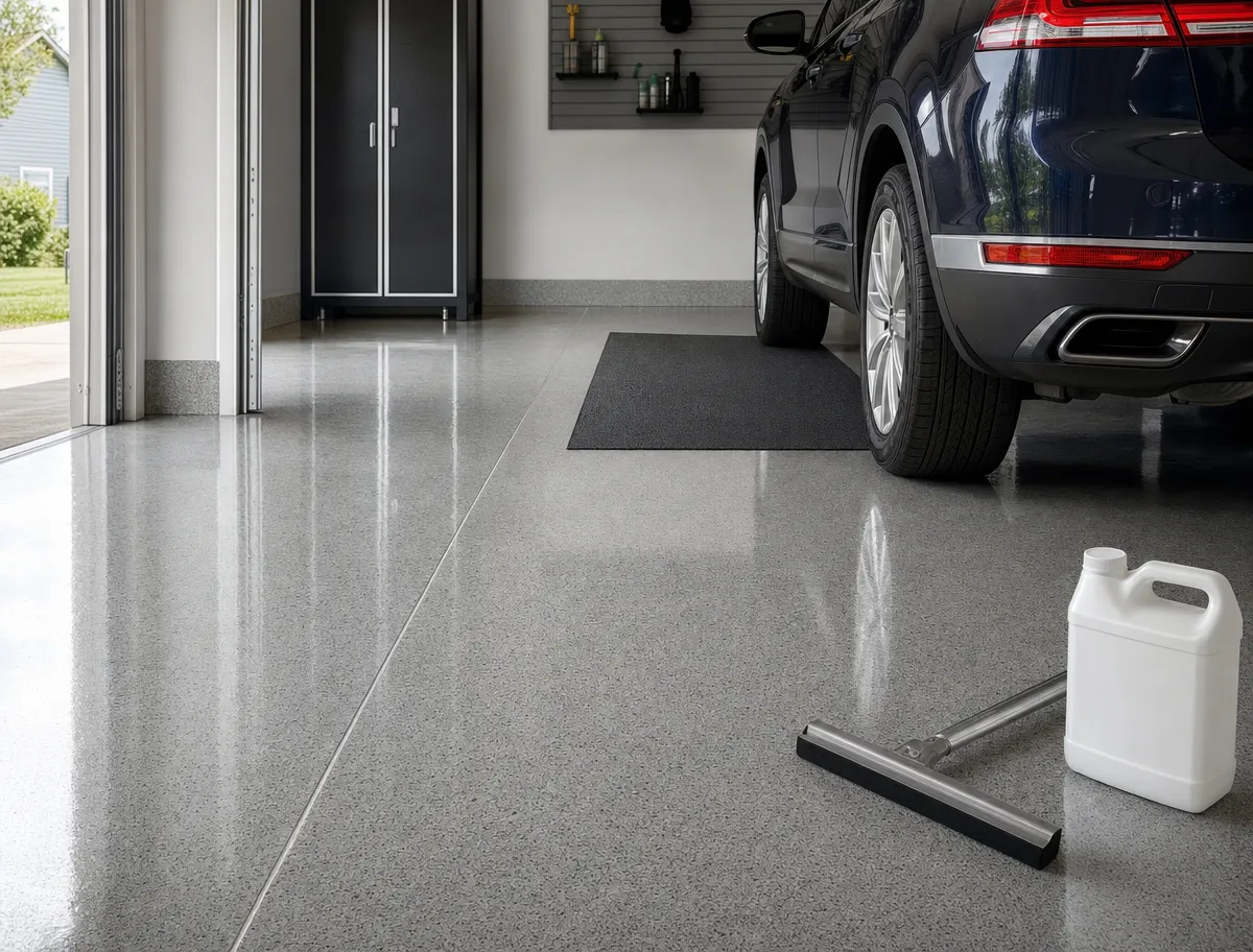 A clean garage with a shiny epoxy floor, a black car parked inside, a black mat, a storage cabinet, a squeegee, and a white plastic container in the foreground.