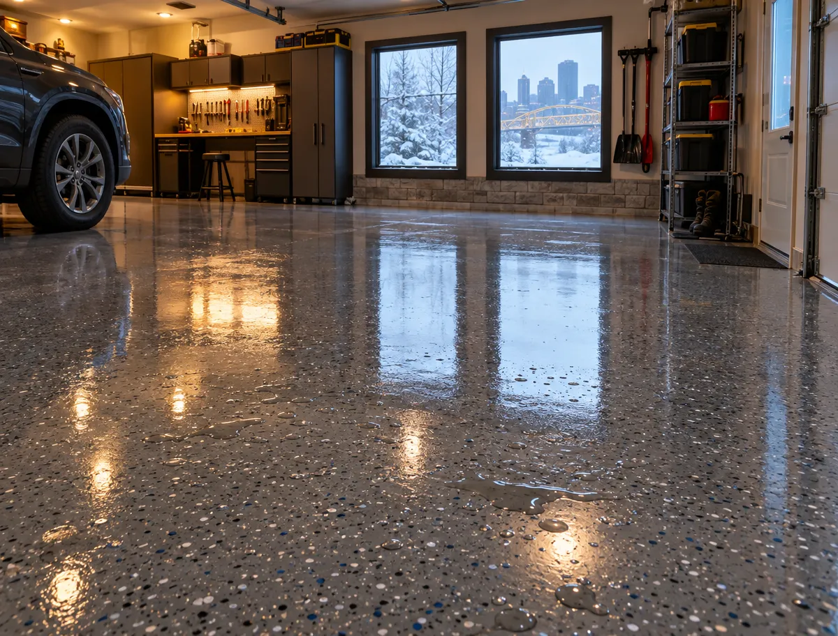 A clean, shiny garage floor with water droplets, organized workbenches and tools on the walls, large windows showing a snowy landscape and city skyline outside.