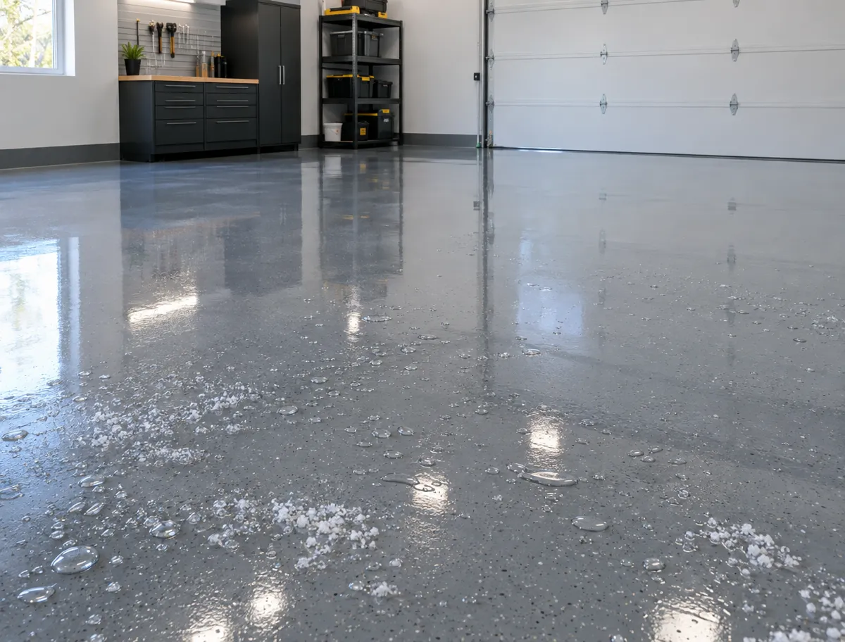 A clean garage with gray speckled epoxy floor, water droplets and some ice near the entrance, black cabinets and shelves on the left, and a closed white garage door.