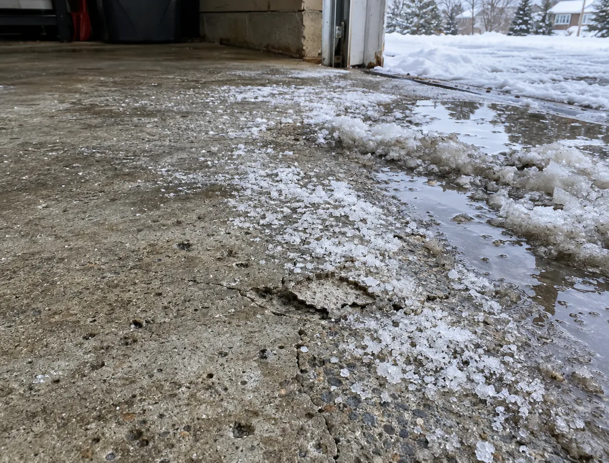 Close-up of melting ice and water on a rough concrete garage floor, with snow visible outside and some snow slush just inside the garage door.