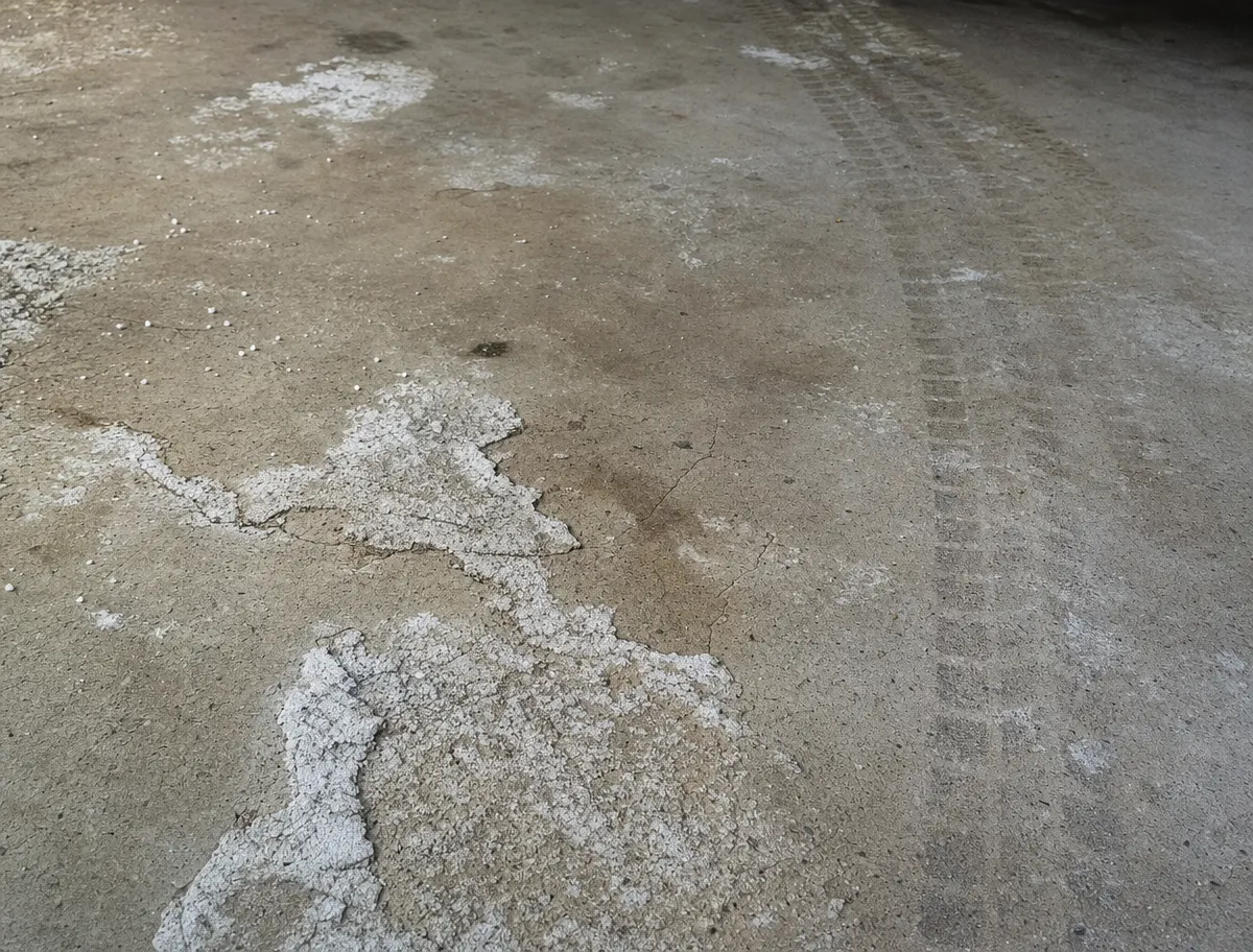 Concrete floor with white stains and salt residue. There is a visible tire tread mark running diagonally across the surface.