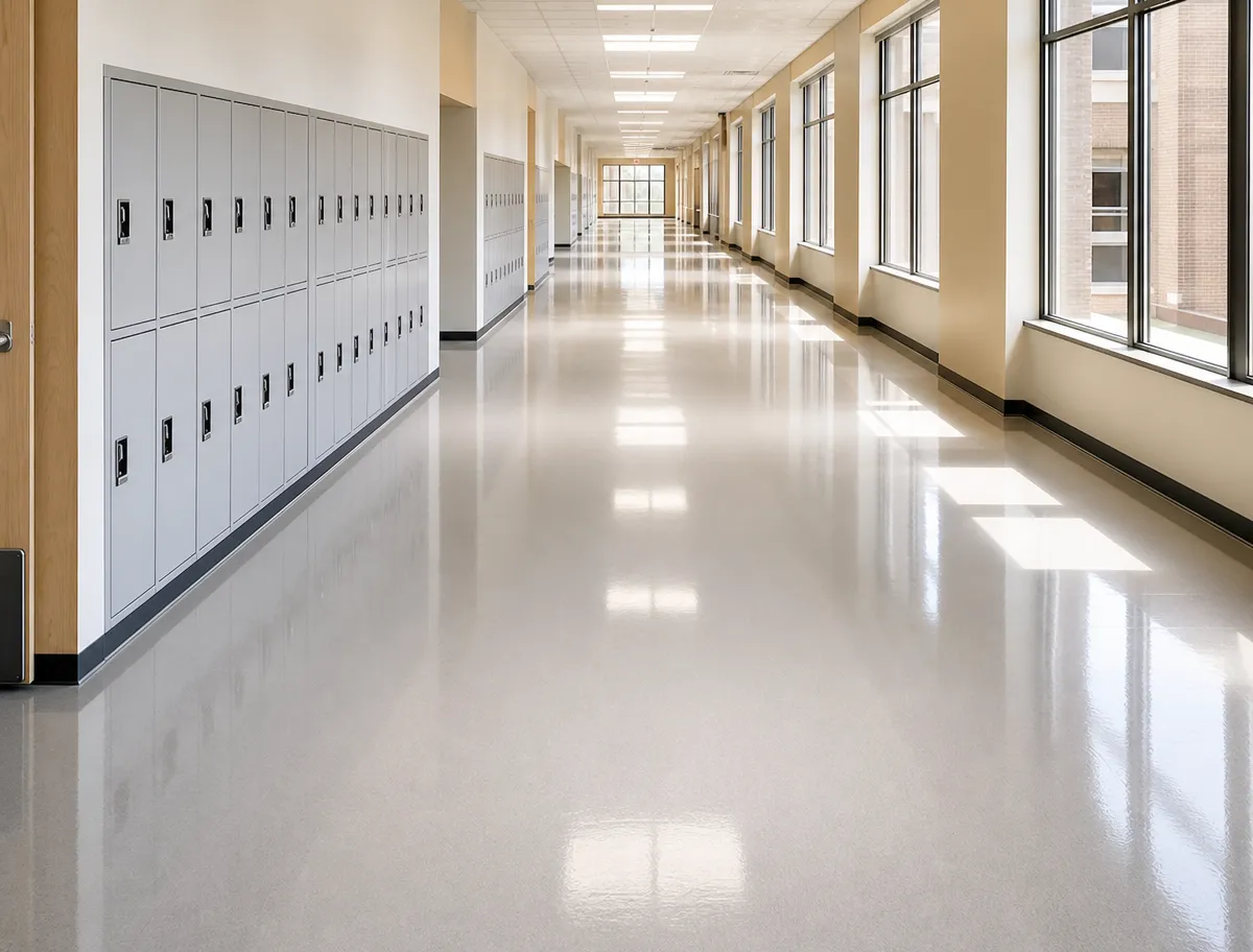 A clean, empty school hallway with large windows on one side and rows of gray lockers on the other, bright sunlight shining onto the polished floor.