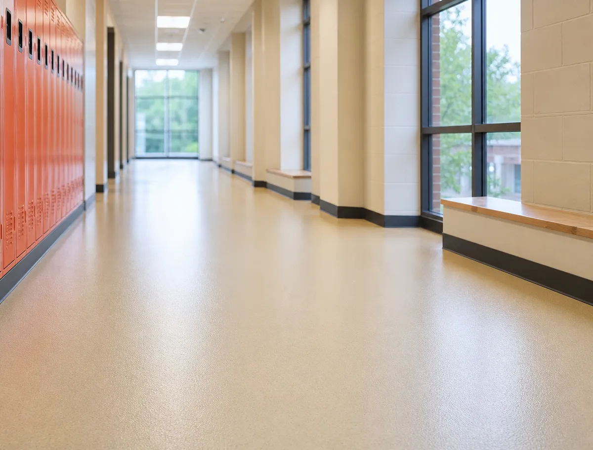 Empty school hallway with orange lockers on the left, large windows on the right, beige floors, and natural light shining in from the end of the corridor.