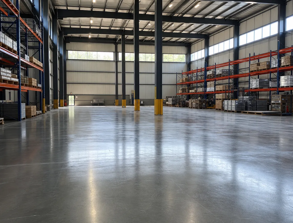 Spacious, clean warehouse interior with tall shelves holding boxes on the right, an empty polished concrete floor, high ceiling, large windows, and metal support beams.