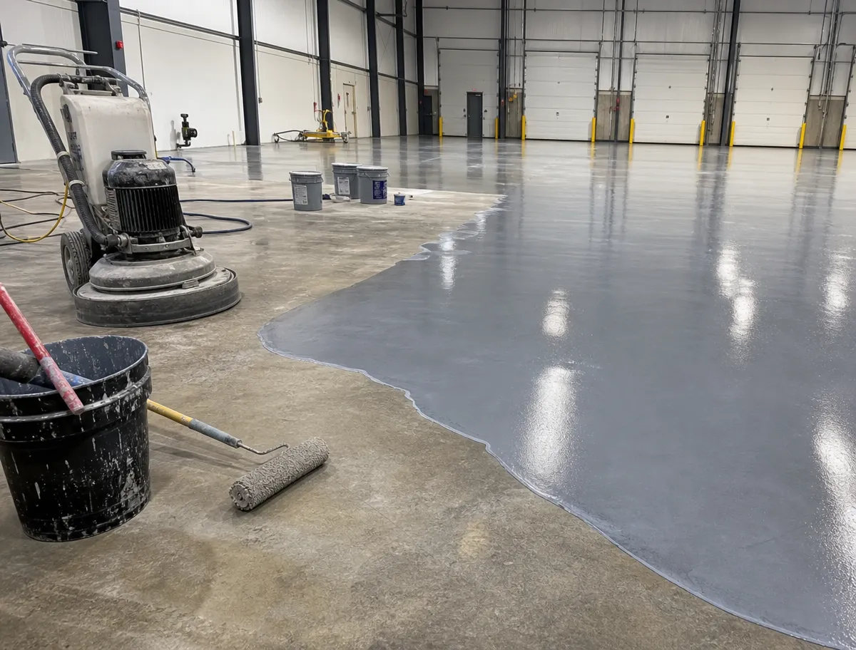 A large industrial floor is being coated with grey epoxy; painting tools, a roller, and a floor grinder are visible, with the coating halfway finished.