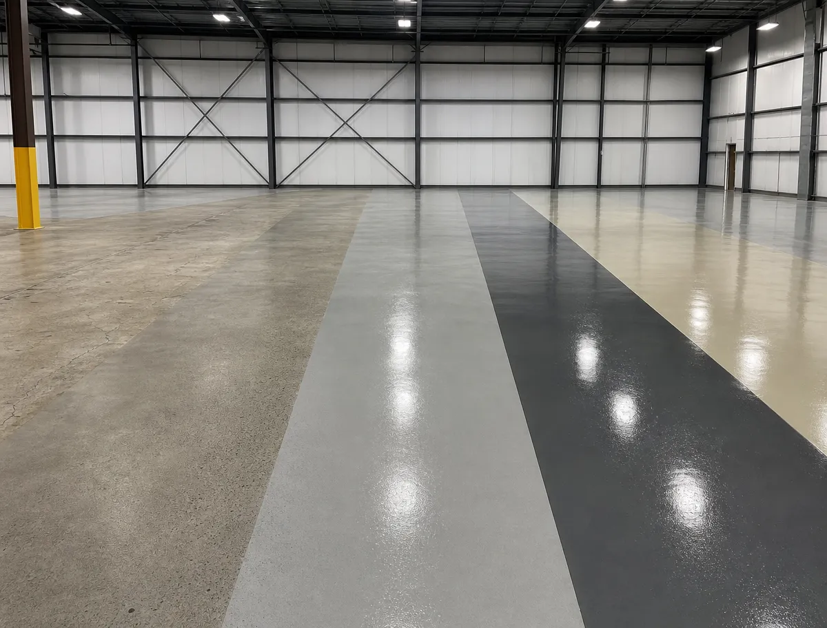Large industrial warehouse with different floor finishes: bare concrete, light gray, dark gray, and cream epoxy coating, all separated in wide stripes. The space is empty with metal beams and high ceilings.