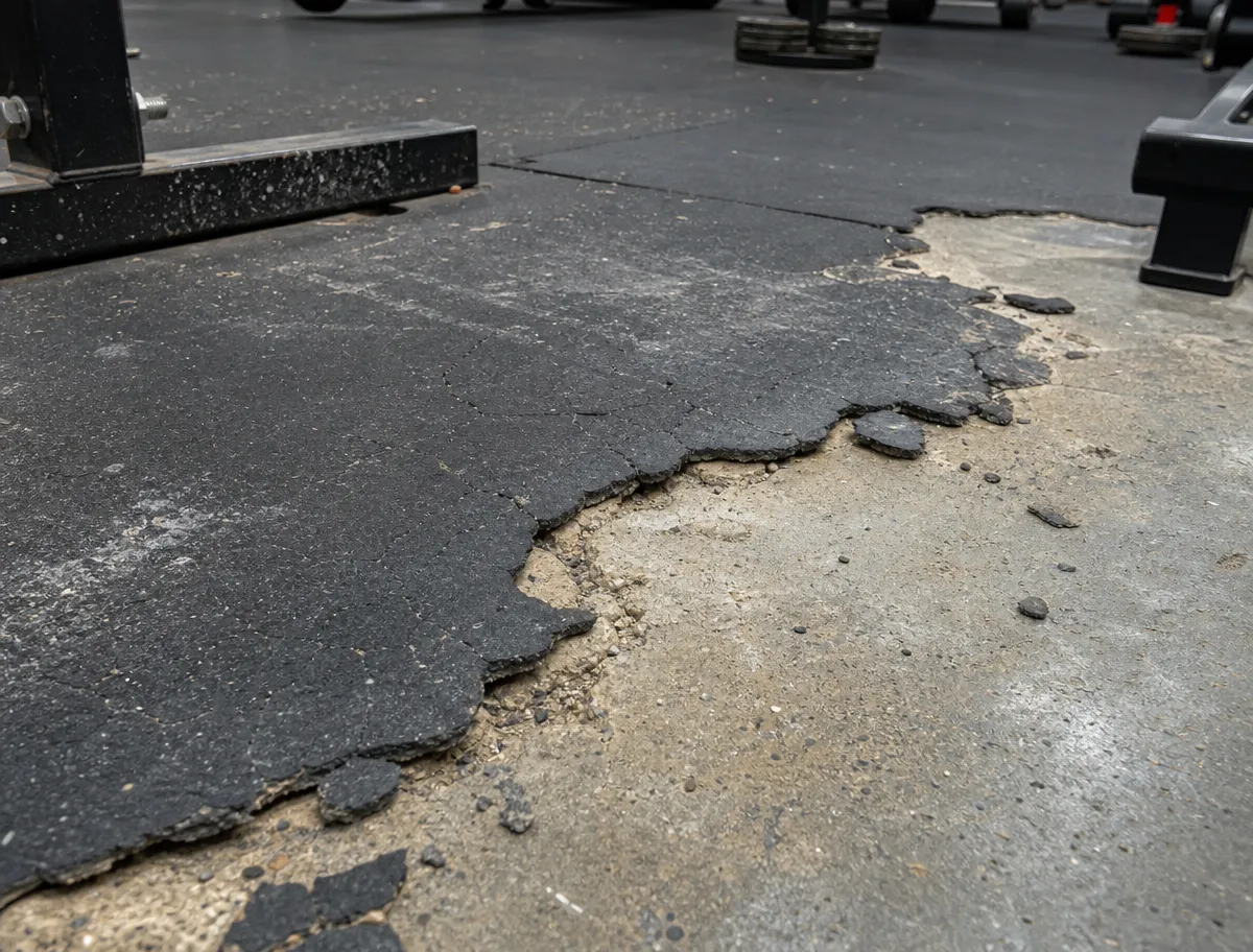 Damaged gym floor with cracked and peeling black rubber mats exposing the concrete underneath; gym equipment and weight plates are visible in the background.
