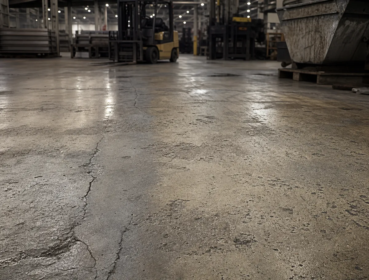 A close-up of a cracked concrete floor inside a large industrial warehouse, with forklifts and machinery visible in the background under bright overhead lights.
