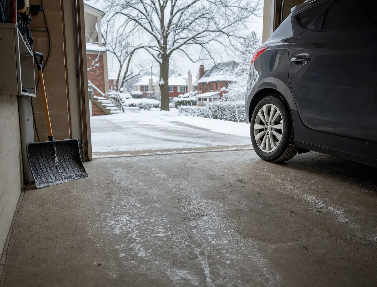 A black car is parked in a garage with its rear visible. A snow shovel leans against the wall, and outside, the driveway and street are covered in light snow. Trees and houses are in the background.