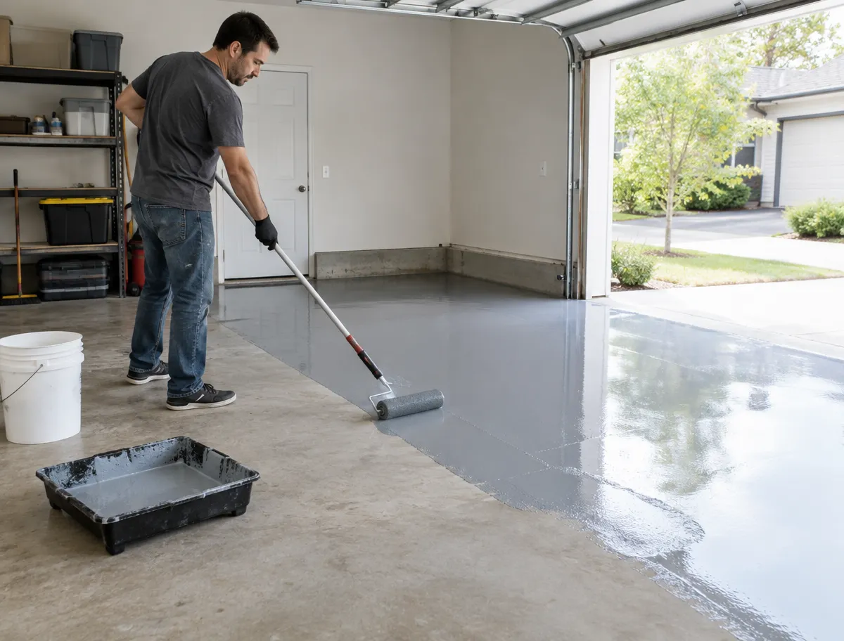 A man using a long-handled roller to apply grey epoxy coating to a garage floor.