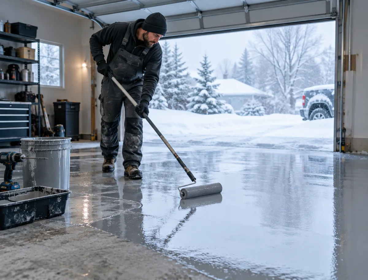 A person wearing work clothes applies a coat of epoxy to a garage floor with a long-handled roller, with a snowy landscape visible through the open garage door.