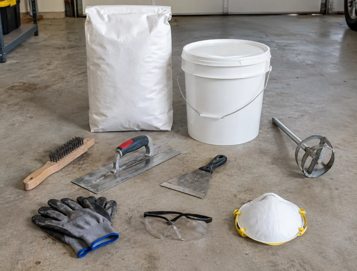 A bag of construction material, a plastic bucket, a mixing paddle, a trowel, a scraper, a wire brush, work gloves, safety glasses, and a dust mask arranged on a concrete floor.