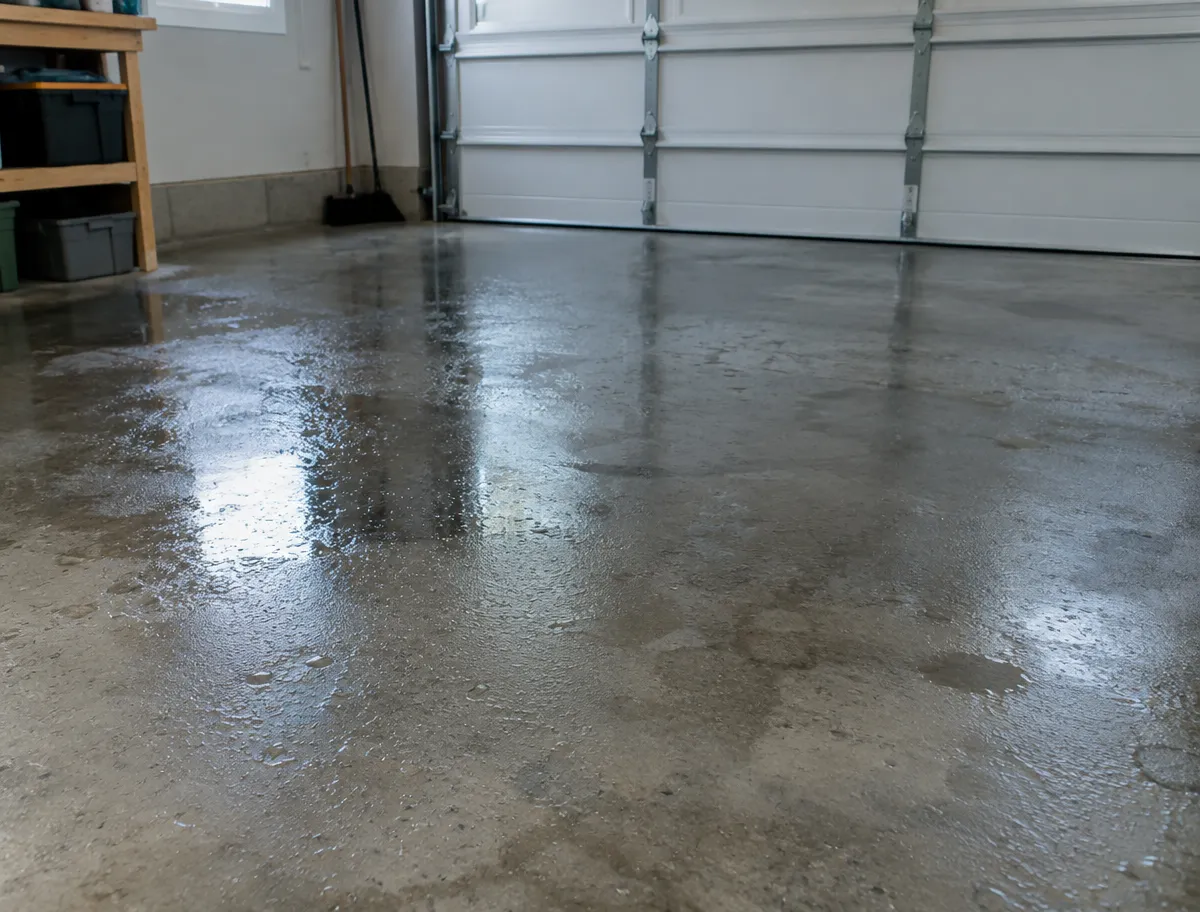 A wet concrete garage floor reflecting light from a closed white garage door.