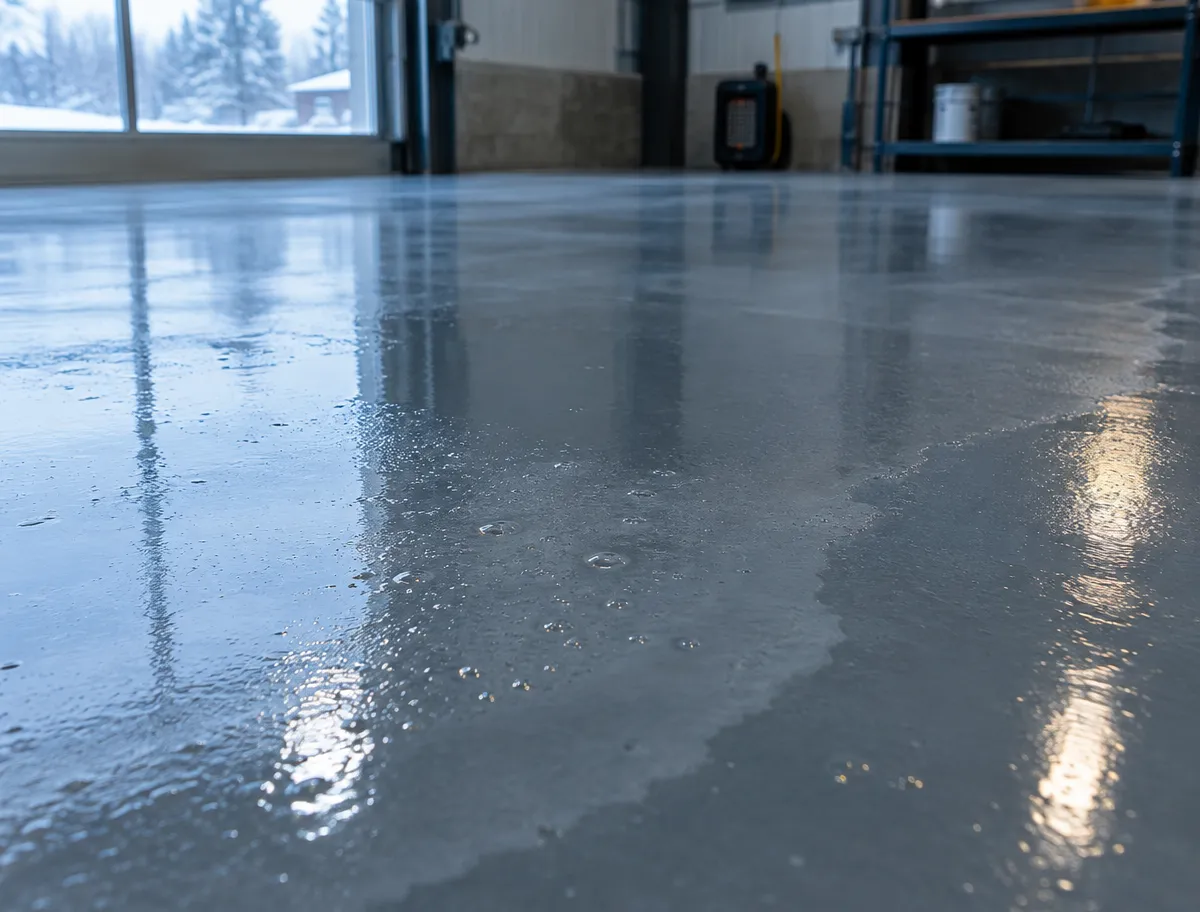 A smooth, high-gloss grey epoxy floor in a garage with reflections and scattered water droplets.