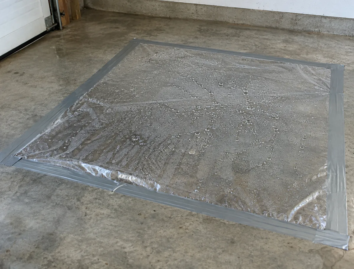 A sheet of clear plastic taped to a concrete garage floor with grey duct tape, showing condensation droplets on its surface.