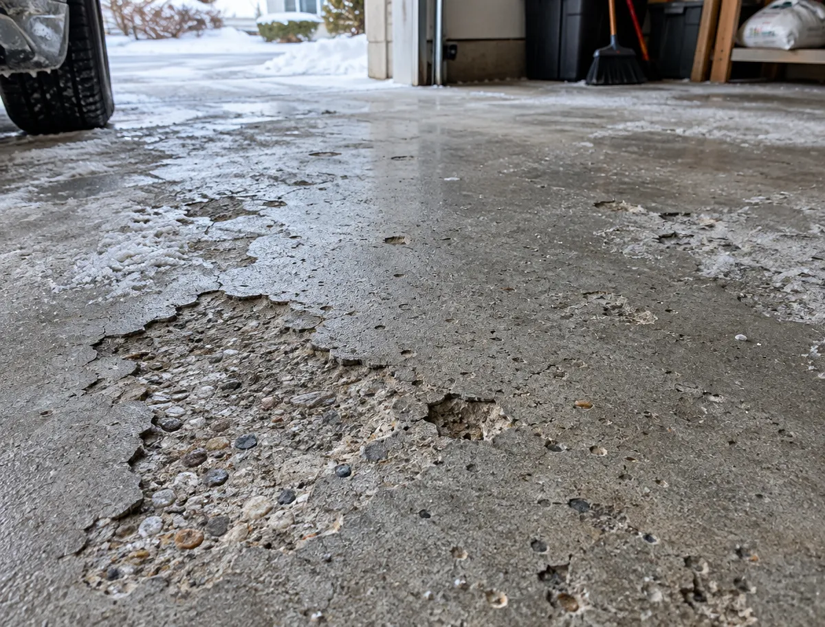 Damaged concrete garage floor with areas of surface spalling and salt residue.
