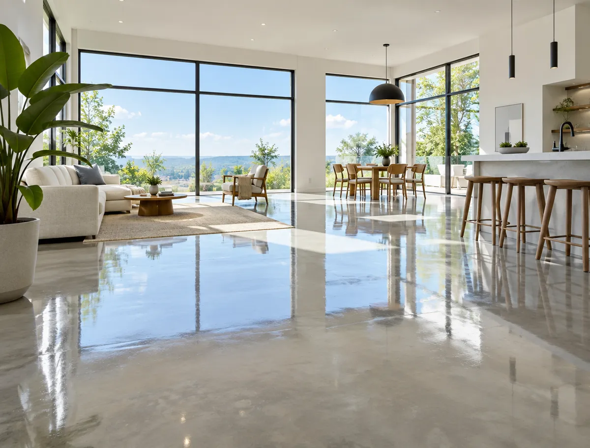 Open-concept living and dining area with large windows, white sofa, dining table, and kitchen island on a polished concrete floor.